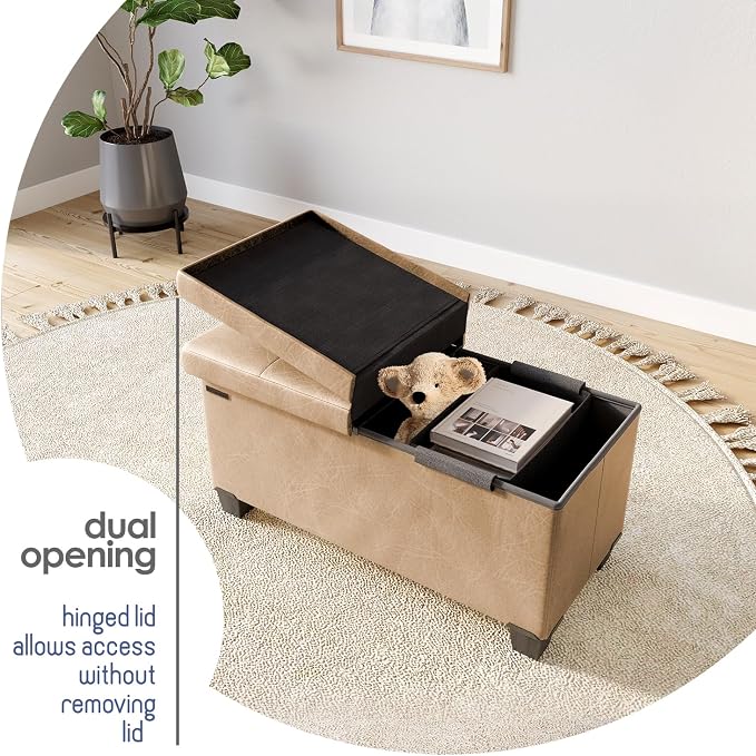 Storage Ottoman Bench with Bins, 30-in Storage Bench for Bedroom End of Bed, Folding Foot Rest Ottoman for Living Room Max 660lbs, Leather Ottomans, Taupe