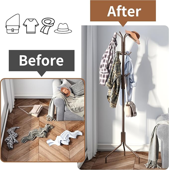 Coat Rack Freestanding Coat Tree Standing Coat and Hat Hanger Jacket Organizer Rack Metal,18.3" L x 18.3" W x 71.5" H, Brown
