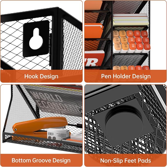 5-Tier Wall File Organizer with 4 Pen Holders and R-Shaped Tray, Black | 5-Tier Wall Organizer and Wall File Organizer with 4 Pen Holders and R-Shaped Base for Wall Mount or Desktop Use