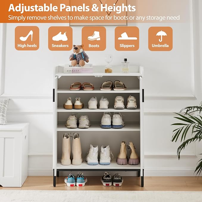 Modern Shoe Cabinet with Metal Legs, Farmhouse Large 5-Tier Shoe Storage Cabinet with Doors, Wooden Shoe Organizer for Entryway, Hallway, Closet, Bedroom, Living Room, White
