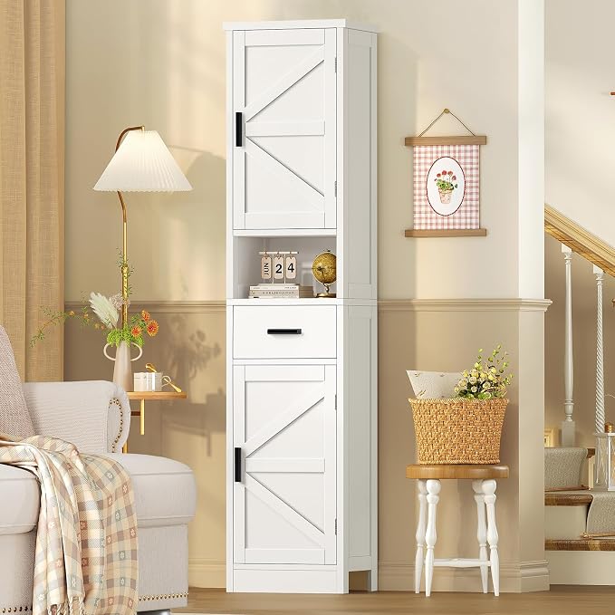 67" H Bathroom Storage Cabinet with Barn Doors & Adjustable Shelves, Bathroom Cabinet with Drawer, Narrow Bathroom Storage Unit, Floor Cabinets for Living Room, Kitchen, White