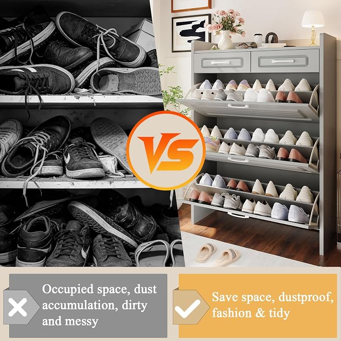 ODUWA Shoe Cabinet with 3 Flip Drawers and 2 Storage Drawers, Shoes Organizer Cabinets with Adjustable Divider, Hidden Shoe Storage Cabinet for Entryway, Hallway, Living Room, Light Grey