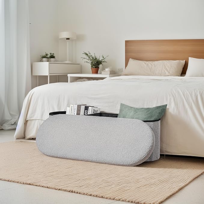 43.3 Inches Foldable Storage Ottoman Bench, Oval Footrest | Teddy Boucle Fabric, Hidden Storage, Soft Padded Seat, End Of Bed Bench For Bedroom, Living Room and Entryway, Grey