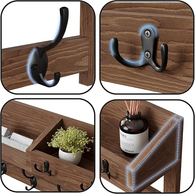 AMBIRD Wall Hooks with Shelf, 26.57 Inch Entryway Wood Coat Hooks for Wall with Shelf, Coat Rack Wall Mount with 5 Dual Hooks 3 Key Hooks Mail Organizer and Key Rack Holder (Brown)