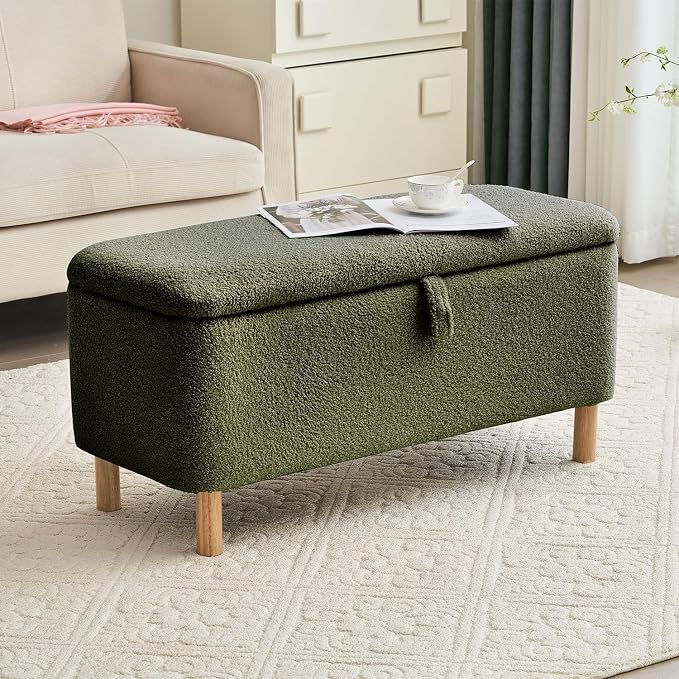 Boucle Storage Ottoman Bench for Bedroom end of Bed, Sherpa Upholstered Shoe Seat Storage Bench for Entryway Bed Foot, Rectangle Cushion Padded Blanket Chest Cute for Living Room, Blackish Green