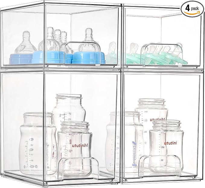 Vtopmart 4 Pack Baby Bottle Organizer Set, Stackable Storage Drawers Ideal for Kichen Countertop, Vanity, Bathroom, Cabinet, Pantry Organization