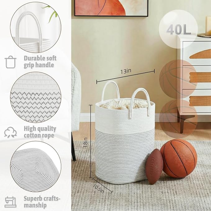 Artfeel Laundry Basket,Woven Cotton Rope Laundry Hamper,40L Versatile Storage for Dirty Clothes,Baby Toys,and Blankets in Bathroom, Nursery,and Living Room