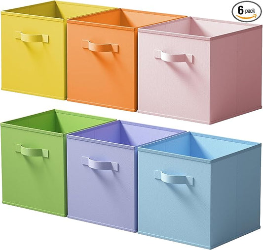 Cupic Cupid 11 Inch Storage Cube, Fabric Cube Storage Bin with Handles, Storage Cube Organizer for Clothes and Toys, Collapsible Cube Bins for Closet, Shelves, Nursery, 6-Pack, Pastel Colors