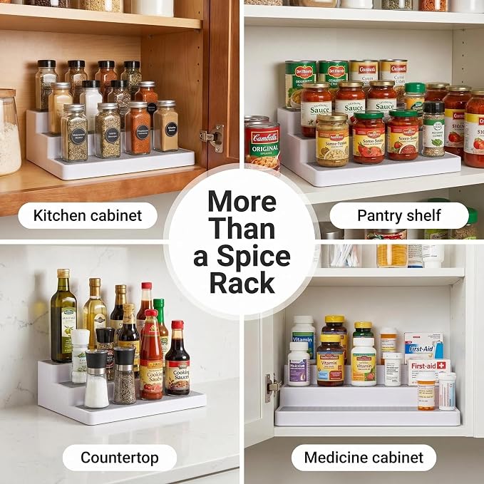 YAN & HIN 3 Tier Spice Rack Organizer for Cabinet, 3 Pack Non-Slip Spice Rack Shelf Organizer, Holds 24+ Jars, Plastic Spice Organizer for Cabinet, Pantry & Kitchen Countertop, White