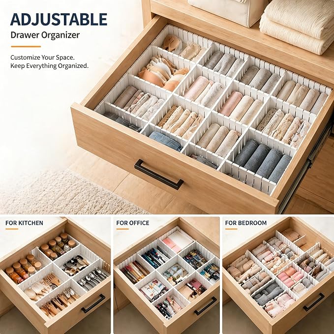 Drawer Divider Adjustable DIY Storage Organizer Separator for Tidying Clutter Cutlery Underwear Socks Clothes Dresses Desk & Box in Kitchen Bathroom Bedroom Office (Cut at Will)