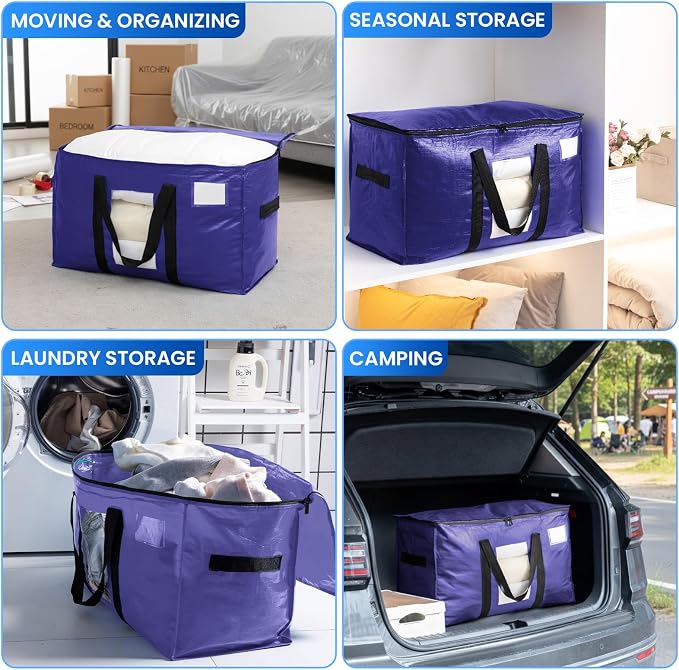 TAILI 10 Pack Dark Blue Extra Large Moving Bags, Heavy Duty Totes with Visible Window, Wrap Around Handles, Great for Space-Saving