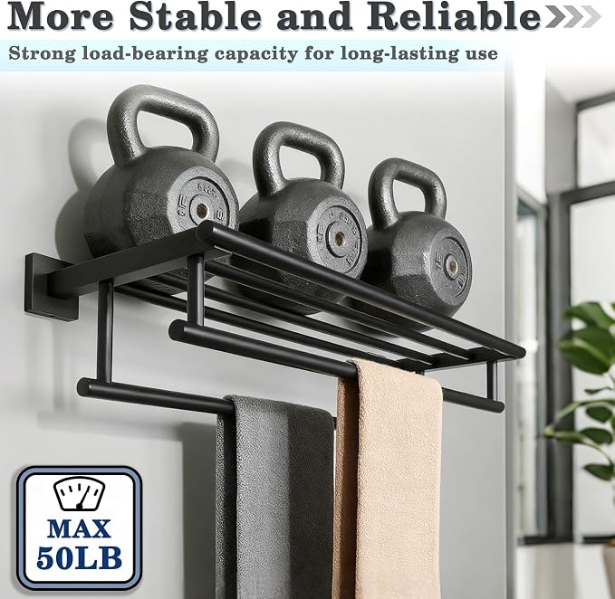 Alise Towel Rack for Bathroom Wall Mount,Double Towel Bars for Bathroom,28 Inch Bathroom Towel Holder Double Towel Bars with Shelf,SUS304 Stainless Steel Towel Hanger for Bathroom Walls,Matte Black | Bathroom Tower Holder Towel Shelf with Double Towel ...