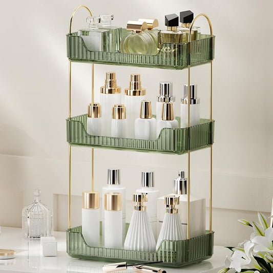 YCIA&DONE Bathroom Organizer Countertop, Makeup Storage, Skincare Cosmetic Tray Shelf, Perfume Holder Rack for Vanity Counter, Large Capacity, Easy to Install, Clean, 3 Tiers, Vintage Green