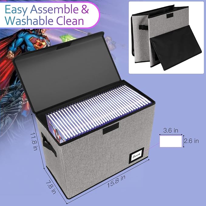 5 Pack Comic Book Storage Boxes, 15.8" X 7.8" X 11.8", Collapsible Short Box, Holds 160-180 Collection, Container Holder Shelf Protector Organizer Bin (Grey)