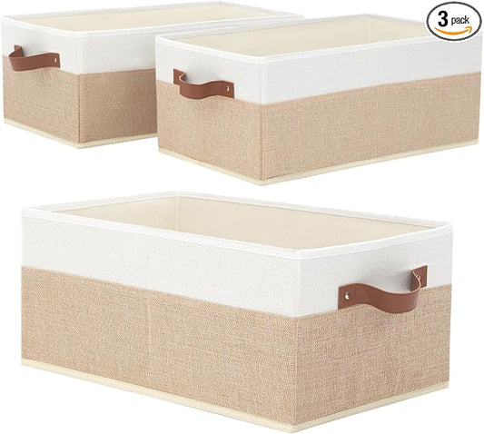Closet Organizer Bins 3 Pack, Large Storage Bins for Shelves | Foldable Closet Storage Boxes Baskets with Leather Handles for Organizing Clothes, Sheets, Jeans, Toys, Books（Begie）