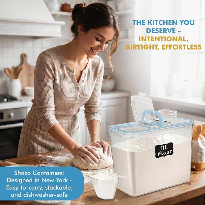 Shazo 2 PC (11L | 372 oz) Flour Sugar Storage Containers with Spout Lid & Easy Carry Handle - BPA Free Extra Large Airtight Food Storage Containers with Lids - Rice Canisters Sets for Kitchen & Pantry