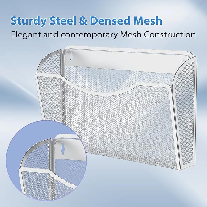 MINDEPOT Wall File Organizer, Hanging Wall File Holder, 3 Pack, Silver | Heavy Duty Iron, Metal Mesh Wall Mount, Single Pocket, Mail Organizer, for Office School Classroom Home, Letter A4 Size