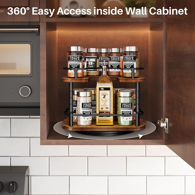Lazy Susan Organizer Spice Rack - Spice Organization for Cabinet Height Adjustable Rotating Lazy Turntable, Pantry Kitchen Wood Revolving Seasoning Organizer (Vintage, 9 Inch)