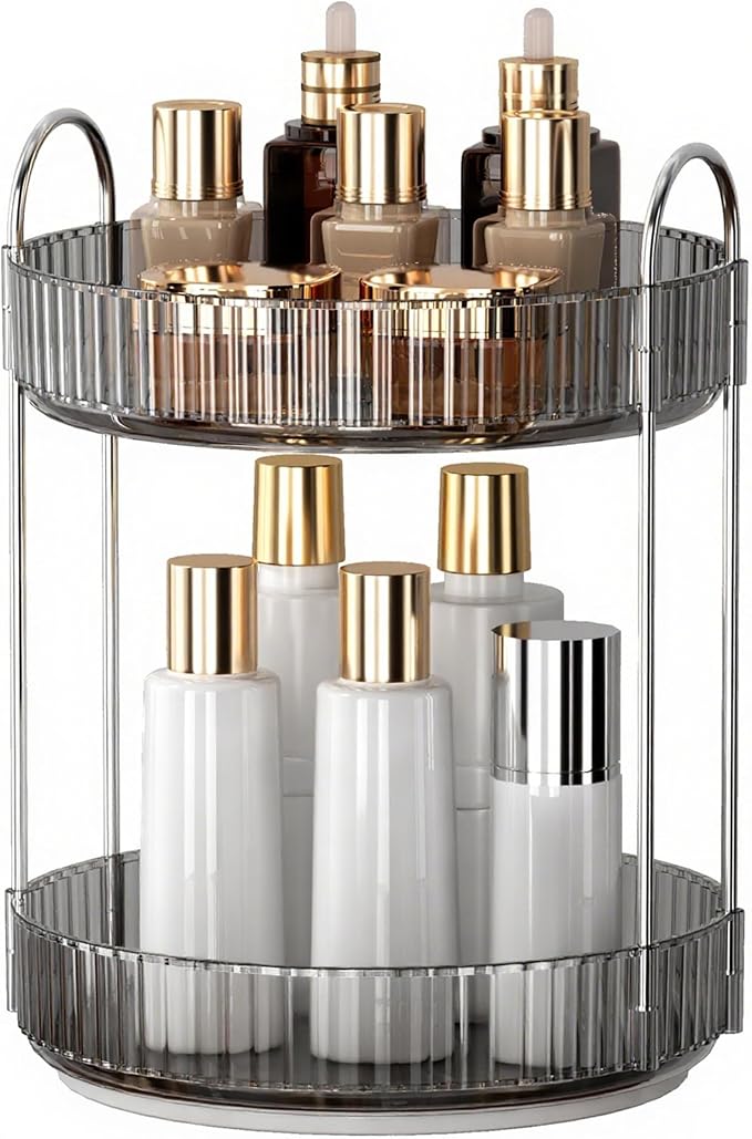 YCIA&DONE 360 Rotating Makeup Organizer and Storage for Vanity Countertop 2 Tiers, High Capacity Cosmetic Skincare Perfume Organizers for Dresser Bathroom Lazy Susan (Smoky Gray)