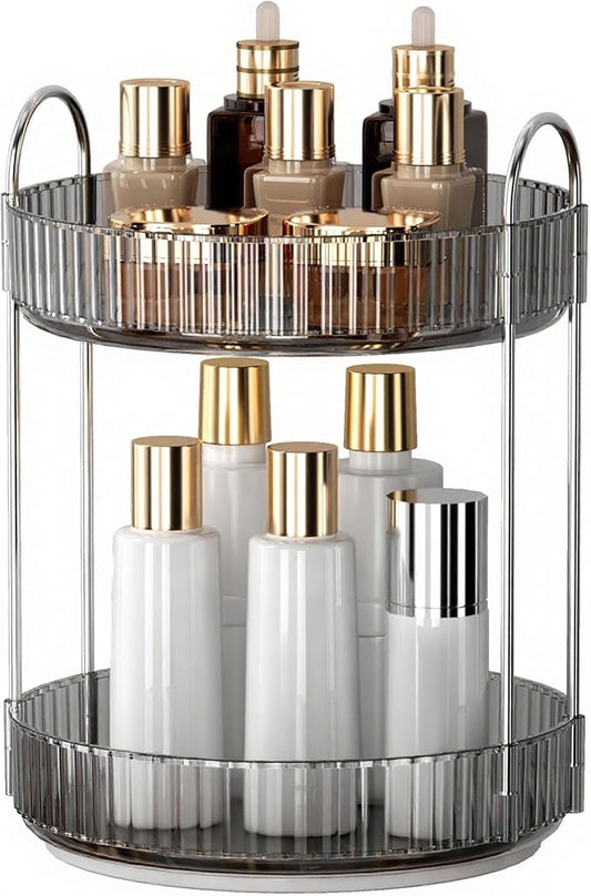 YCIA&DONE 360 Rotating Makeup Organizer and Storage for Vanity Countertop 2 Tiers, High Capacity Cosmetic Skincare Perfume Organizers for Dresser Bathroom Lazy Susan (Smoky Gray)