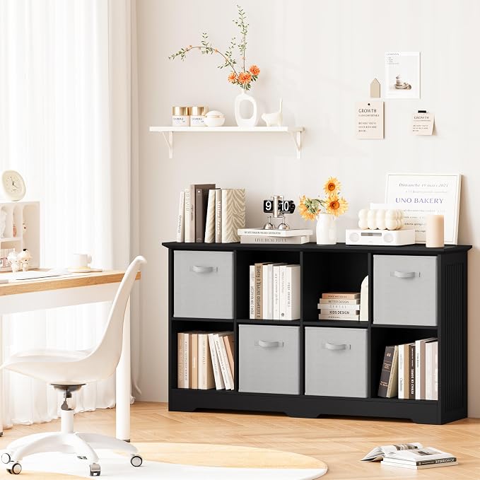8 Cube Storage Organizer Shelf, Wood Cubby Storage with 4 Fabric Drawers | 2 Tier Wooden Bookshelf with 2 Adjustable Shelves, Fluted Side Panels Bookcase for Bedroom, Living Room, Home Office, Black