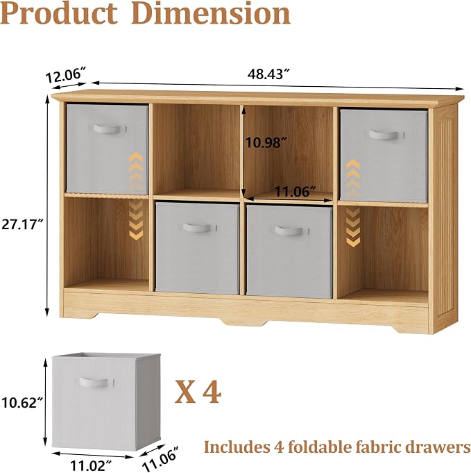 8 Cube Storage Organizer Shelf, Wood Cubby Storage with 4 Fabric Drawers | 2 Tier Wooden Bookshelf with 2 Adjustable Shelves, Fluted Side Panels Bookcase for Living Room, Home Office, Wood