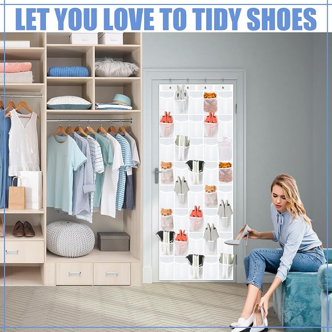 Windyun 40 Over the Door Shoe Organizer Large Breathable Mesh Pocket Clear White Hanging Shoe Rack for Closet Behind Door Hanger Storage Holder Nonslip Hook for Women Men Entryway Bedroom Utility Room