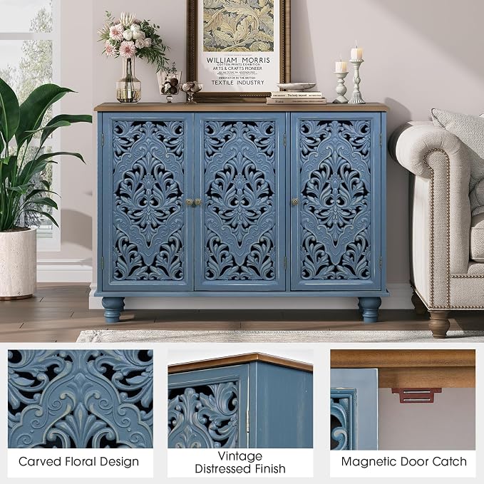 JOINICE 42.5" Accent Storage Cabinet with 3 Carved Doors,Blue & Walnut | Versatile Storage for Living Room & Dining Room & Bedroom & TV Stand, Solid Wood Legs, Farmhouse/Rustic Style, Easy Assembly