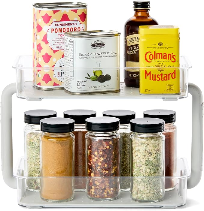 madesmart Two Level Spice Organizer, Grey | tiered layout, label visibility, soft grip lining, cabinet pantry use, seasoning bottles, woman owned
