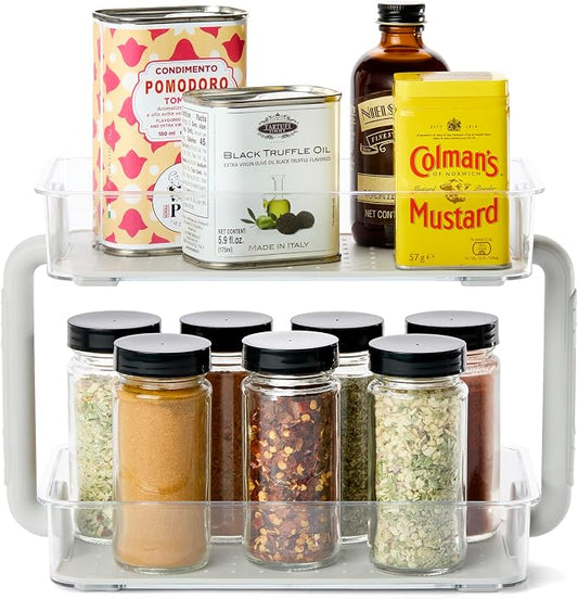 madesmart Two Level Spice Organizer, Grey | tiered layout, label visibility, soft grip lining, cabinet pantry use, seasoning bottles, woman owned