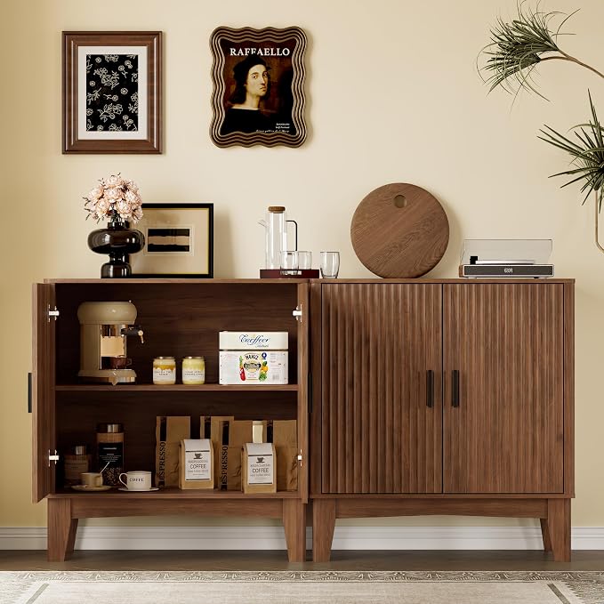 BORNOON Storage Cabinet with Doors and Adjustable Shelf, Modern Fluted Sideboard Buffet Cabinet, Freestanding Coffee Bar for Kitchen, Pantry, Entryway, Living Room