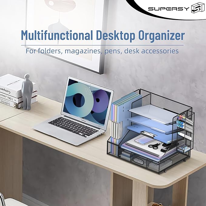 Desk Organizer with 5 Tier File Holder and Sliding Drawer Pen Holder Black | Paper Letter Tray with 3 Tilted File Sorters to Keep Desk Accessories and Office Supplies within Reach