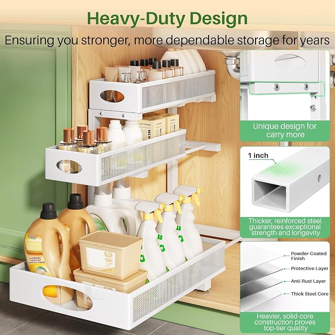 Kitstorack Under Sink Organizer 3-Tier Slide Out Drawer for Bathroom 1-Pack | Height Adjustable, Metal Mesh Storage Rack, Pull out Cabinet Organizer Shelf for Kitchen Pantry Home Laundry Organization
