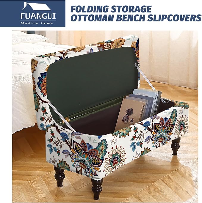 FUANGUI Ottoman Cover Slipcovers Rectangular Folding Stretch | Storage Bench Footrest Sofa Stool Covers Footstool Protector with Elastic Bottom, Removable Washable,Large