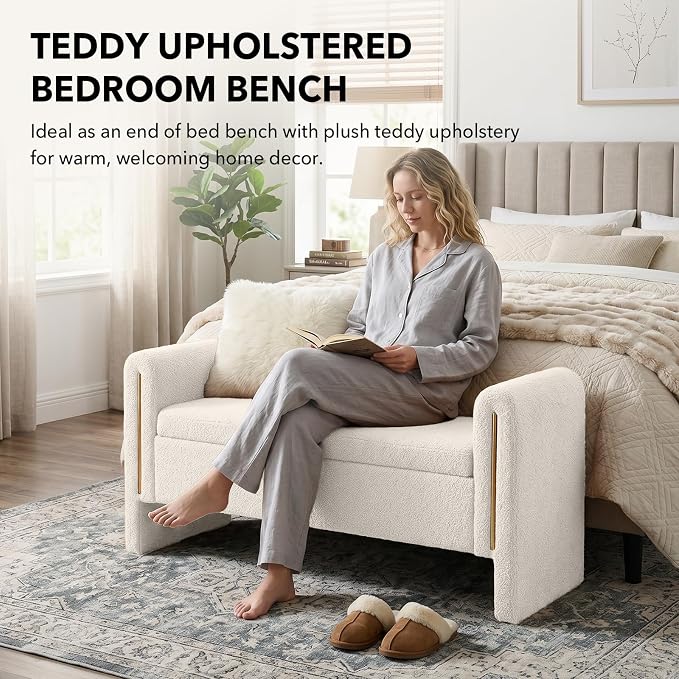 52" Flip-Top Storage Ottoman Bench, Teddy Entryway Bench (White) | Teddy Fleece Upholstered End of Bed Bench with Armrests, Soft Padded Window Bench for Living Room Bedroom Entryway