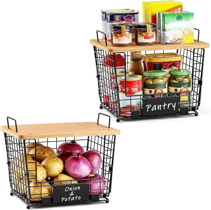2 Set Large Stackable Wire Basket with Bamboo Tops & Tag- Pantry Organizer and Storage Bins, Kitchen Counter Cabinet Shelf Countertop Under Sink Organizing for Food Snack Produce Onion Potato Bread