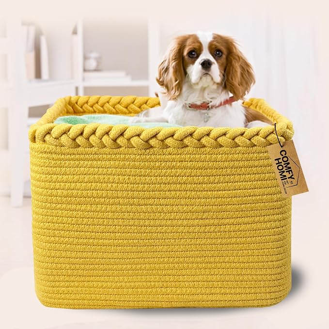 COMFY-HOMI Cotton Rope Woven Basket with Handles for Shelves,Toys,Book, Cloth Storage Baskets Bin for Organizing- 1 PCSToy Decorative Organizer for Living Room, Bathroom