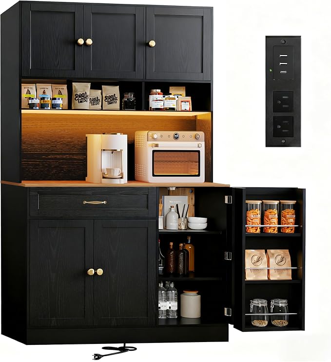 FJTJBSI 72" Kitchen Pantry Cabinet with LED Light and Charging Station Tall Pantry Storage Cabinet with Adjustable Shelves and Door Shelves Modern Kitchen Hutch with Countertop Black