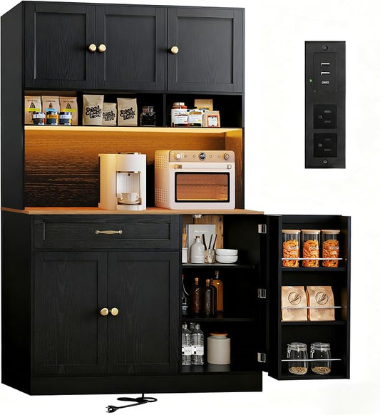 FJTJBSI 72" Kitchen Pantry Cabinet with LED Light and Charging Station Tall Pantry Storage Cabinet with Adjustable Shelves and Door Shelves Modern Kitchen Hutch with Countertop Black
