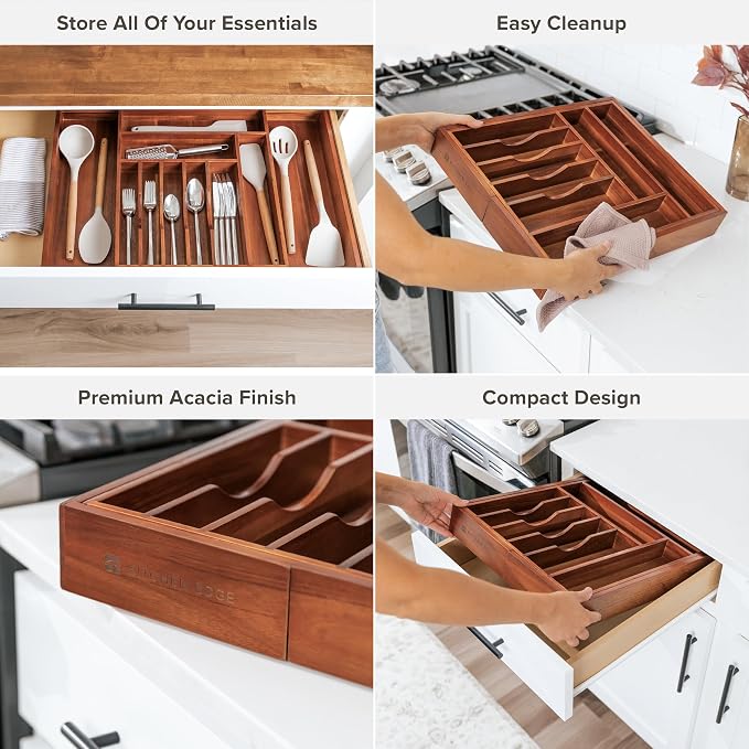KitchenEdge Silverware & Utensil Drawer Organizer, 14.5-25 in, Acacia | Cutlery, flatware, food-safe contract grade, kitchen drawer fit