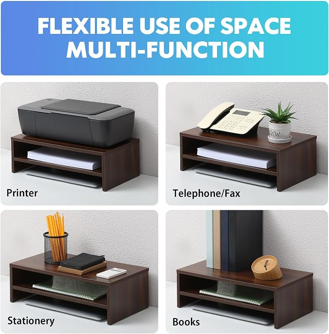 FITUEYES Wooden Monitor Stand Riser, 2-Tier Desk Storage Shelf, Brown | 16.7-Inch Desktop Organizer Fits Laptop, Computer Screen and Office Supplies