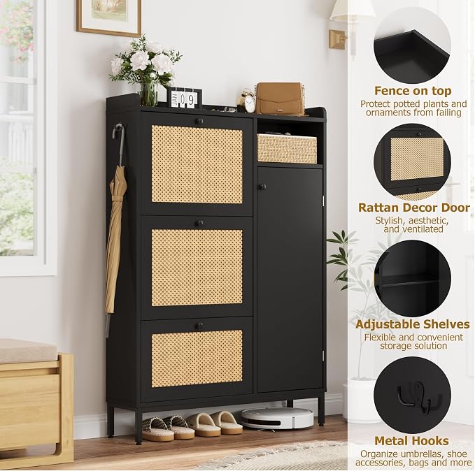 Garvee Shoe Cabinet with 3 Flip Drawers and 4-Tier Shoe Storage Cabinet, Freestanding Shoe Organizer with Adjustable Shelf and Rattan Doors for Entryway, Closet, Hallway