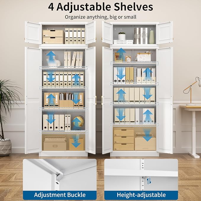 86" Tall Metal Kitchen Pantry Storage Cabinet with Doors | White Freestanding Heavy Duty Steel Cupboard, 4 Adjustable Shelves, Extra Large Organizer for Home and Garage (2 Boxes)