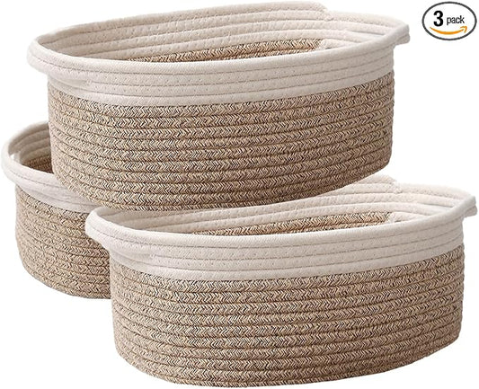 JMvicyroam Small Woven Basket, Empty Gift Basket, White&Oatmeal/3 Pack | Small Gift Basket, Cotton Rope, 12 x 8 x 74 in, Handles, Includes Ribbon and Bag, Birthday Gift Basket