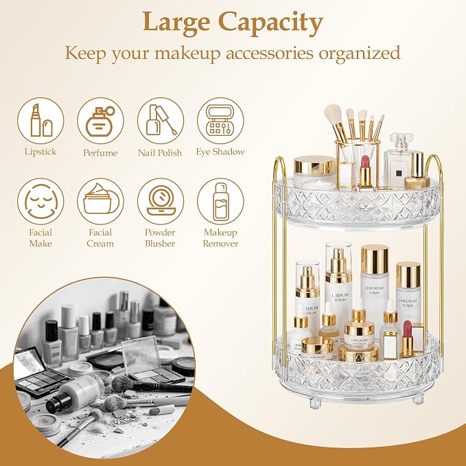 360 Rotating Makeup Organizer for Vanity, 2 Tier Adjustable Perfume Organizer for Dresser, Multi-Function Spinning Cosmetics Skincare Storage for Bedroom, Dresser, Countertop, Clear