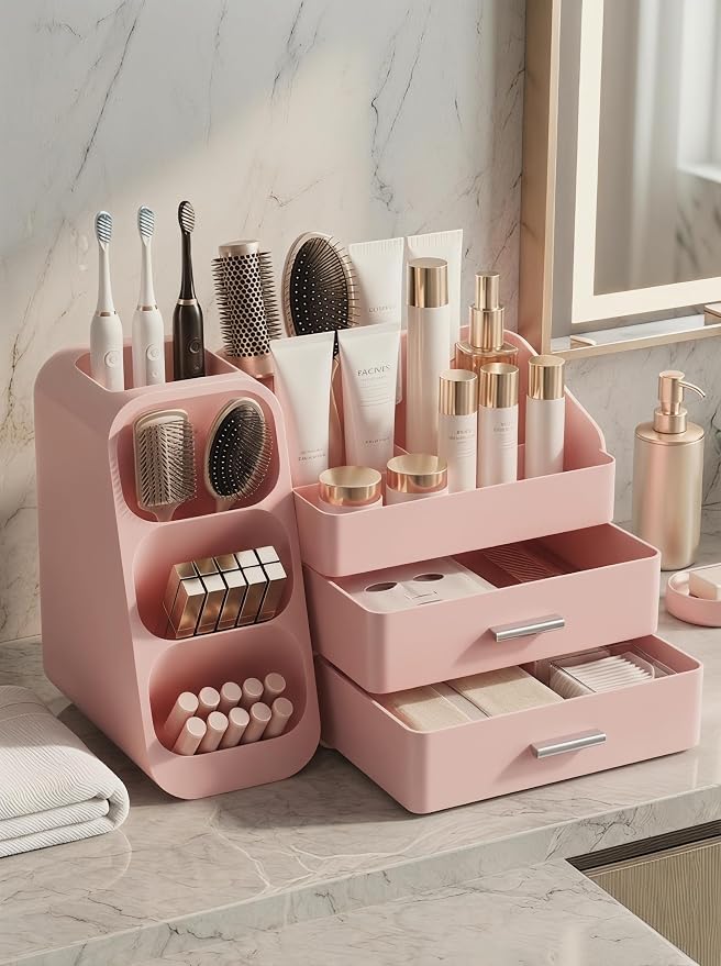 Booklov Large Makeup Organizer for Vanity Countertop, Pink | Plastic Cosmetic Display Case with Drawers, Beauty Brush Holder for Bathroom Counter, Skin Care Perfumes Storage