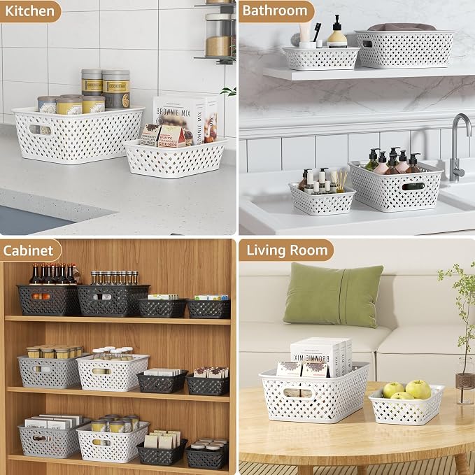 MaxGear 3 Pack Plastic Storage Baskets, Medium, White | Durable Woven Plastic with Built-In Handles, Suitable for Shelves, Closets, Cabinets, Bathrooms and Offices