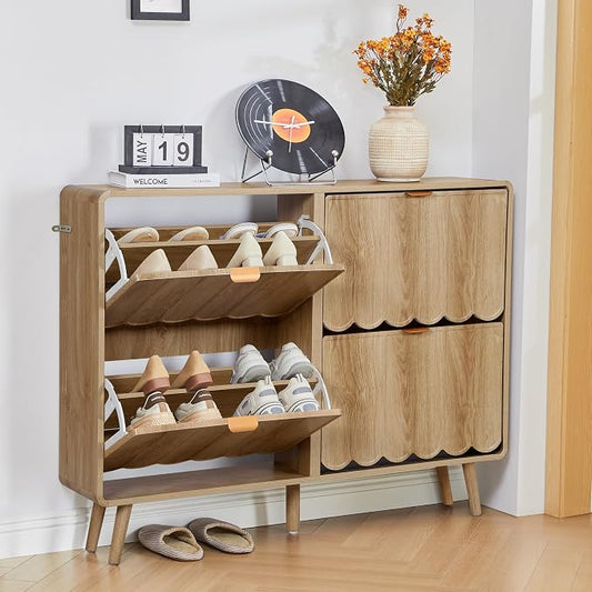 Shoe Storage Cabinet for Entryway with 4 Flip Drawers, Freestanding Narrow Wood Shoe Cabinet with Wave Panel, Hidden Shoe Organizer for Foyer, Hallway (Natural)