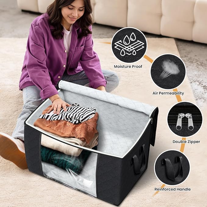 Fab totes 24 Gallons Clothes Storage, Foldable Thick Fabric Blanket Storage Bags, Containers for Organizing Bedroom, Closet, Clothing, Comforter, Organization with Handle (6 Pack,Black)