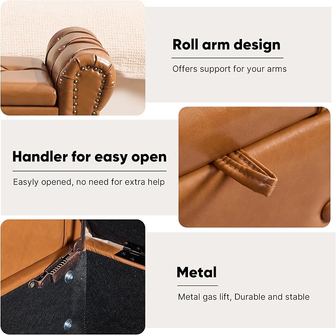 Storage Bench 51" Faux Leather End of Bed Benches Brown | Queen Size Storage Bench for Bedroom with Rolled Arms Tufted Ottoman Benches Upholstered Bench for Living Room Entryway